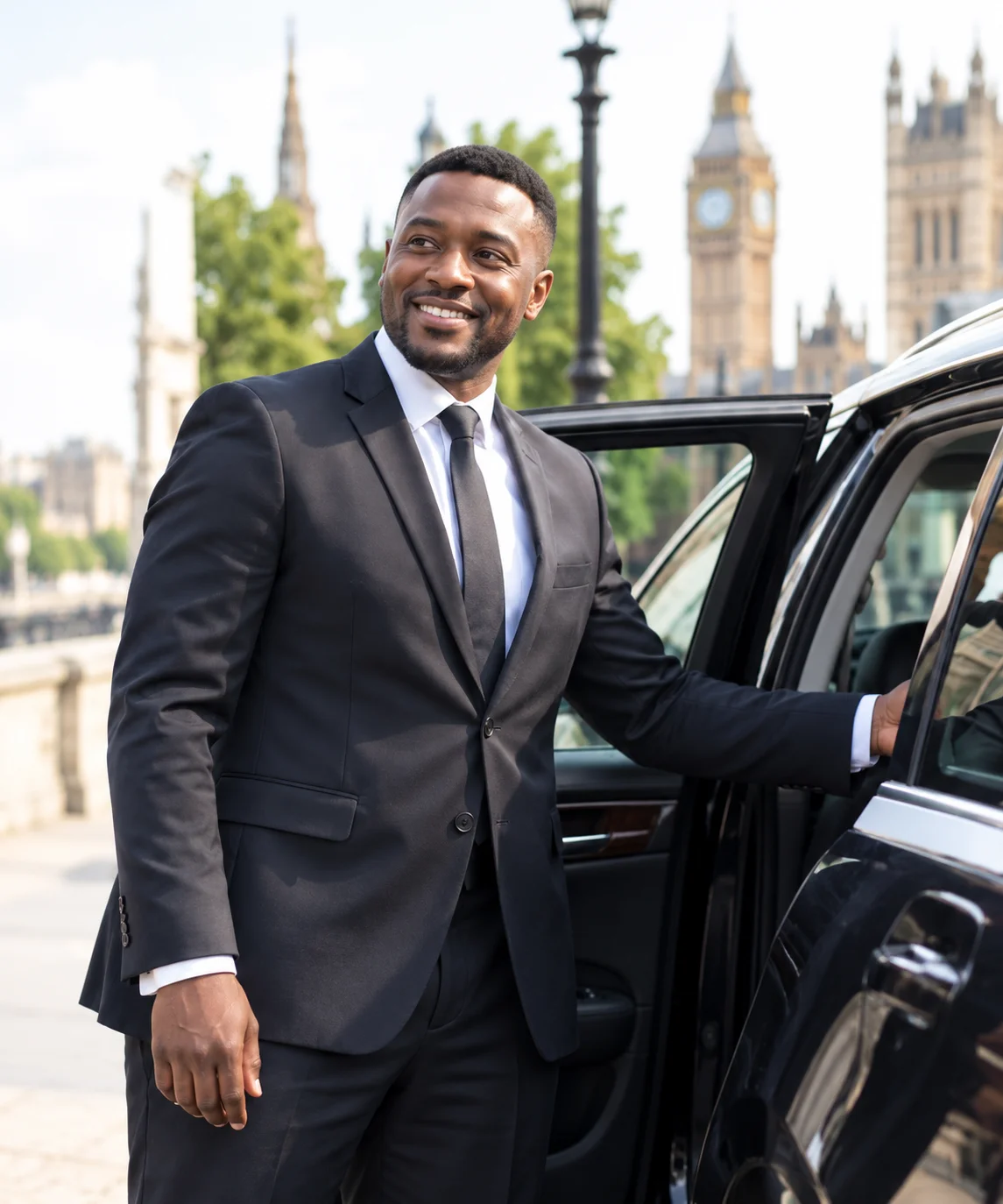 Illustrative chauffeur beside a parked private hire car